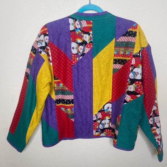 Vintage Handcrafted Patchwork Jacket Womens L Snowman Quilted Holiday Dirty Sant - Picture 6 of 11